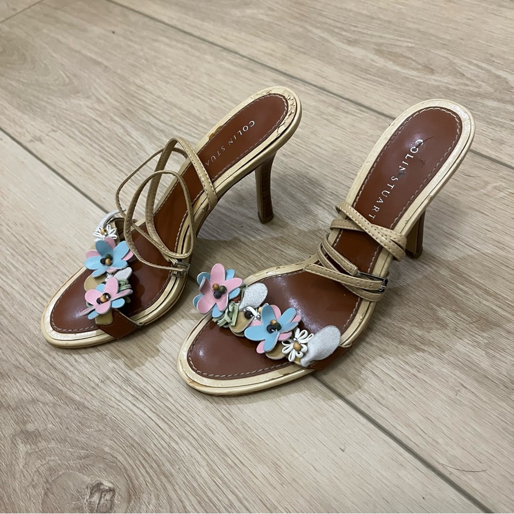 Colin Stuart Heeled Floral Appliqué Ankle Strap Sandals Size 7